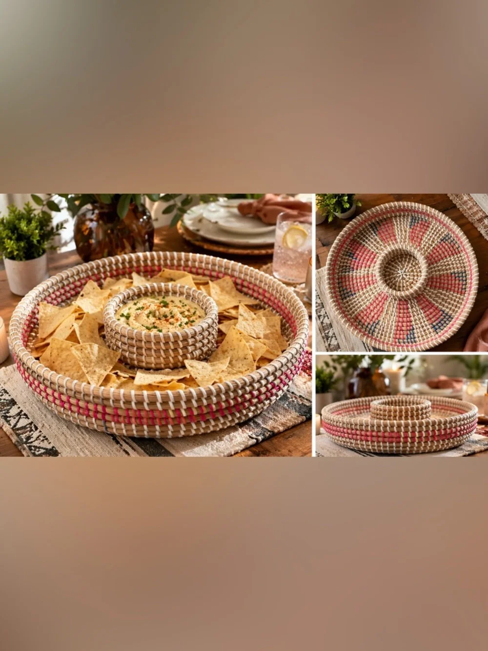 Handwoven Woven Basket Chip & Dip Tray Boho Farmhouse Serving Platter